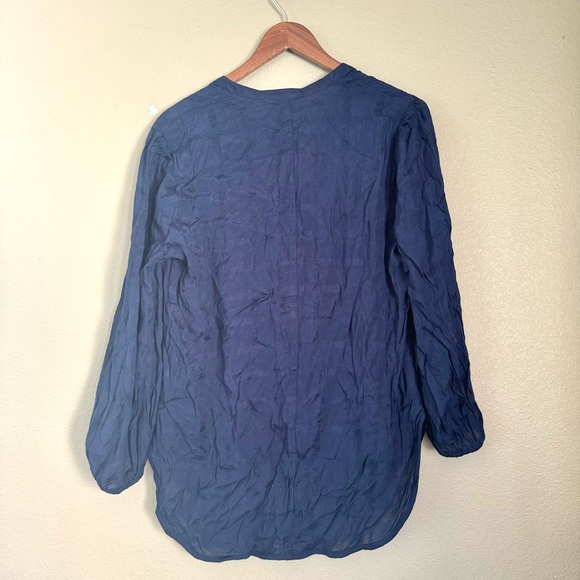 Anthropologie The Odells Textured Grid V Neck Long Sleeve Blouse Navy Blue Large - Picture 7 of 7